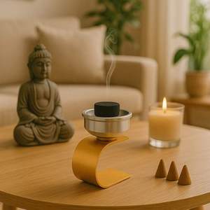 Support diffuseur de parfum style nordique, élégant brûleur d'encens architectural doré avec coupelle argentée brossée pour Oud, résine et charbon - Product Image 6