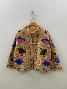 Abrigo de Algodón con Cuello Mandarín y Bordado Floral a Mano, Estilo Bohemio para Mujer, Manga Larga, Ropa Exterior Casual de Primavera - Product Image 1