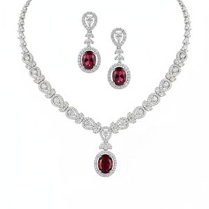 Classic Women's Gold Plated <b>Garnet</b> <b>Earrings</b> with Diamond Accent Water Drop Design Wedding Jewelry Set - Product Image 1
