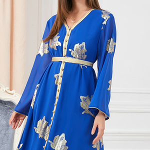 Elegante Vestido Largo de Gasa Azul con Bordado Floral Dorado, Cuello en V, Manga Farol, Corte en A, Vestido de Noche - Product Image 3