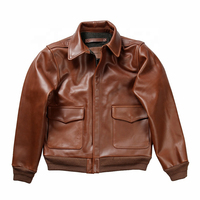 Blouson aviateur en cuir véritable marron pour homme, col rabattu décontracté, fermeture éclair, poches, vêtement d'automne