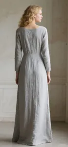 Robe longue vintage gris clair pour femme, manches longues, coupe ajustée, en lin respirant, robe décontractée - Product Image 5