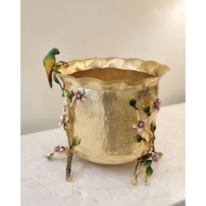 Cuencos Decorativos de Metal de Primera Calidad, Chapados en Oro, con Textura Martillada, Diseño de Flores, Hojas y Loros, para Servir Alimentos - Product Image 1