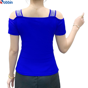 Camiseta de Mujer con Hombros Descubiertos, Manga Corta, Color Sólido, Adorno de Mariposa con Pedrería, Cuello Cuadrado, Corte Ajustado, Transpirable, Tejido de Punto, para Verano - Product Image 1