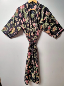 ชุดกิโมโนลายพิมพ์บล็อกการ์ตูนสำหรับผู้หญิง ผ้าฝ้าย 100% ชุดนอนฤดูร้อน ทำมือ ODM คอวี เอวยางยืด ยาวถึงเข่า เนื้อผ้านุ่ม ระบายอากาศได้ดี - Product Image 5