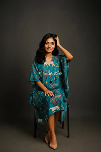 Robe Kaftan en Coton Écologique Faite à la Main pour Femme, Col en V, Tenue d'Été Décontractée, Imprimé Animalier Jungle Safari, Manches Longues Chauve-Souris - Product Image 2