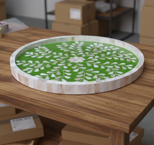 Arabic Style Mother of Pearl Inlay Tray – Handmade Green & White Floral Mosaic Round Serving Tray Luxury <b>MOP</b> Ottoman Decor Tray - Product Image 2
