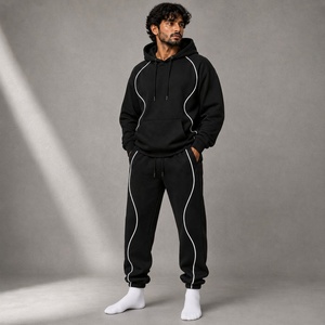 Ensemble de survêtement noir à capuche pour homme avec sweat à capuche et pantalon de jogging à bordure contrastante blanche, vêtements de sport décontractés - Product Image 4