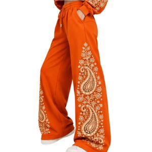 Bright Orange Women Paisley Print Crop Hoodie Wide Leg Pants Two Piece Tracksuit Trendy Streetwear Loose Fit <b>Jogger</b> <b>Matching</b> <b>Set</b> - Product Image 5