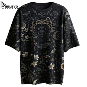 เสื้อยืดโอเวอร์ไซส์ลายพฤกษศาสตร์สีเข้มแบบยูนิเซ็กซ์ พรีเมียม ลายกราฟิกผีเสื้อสีดำ ดอกไม้ และพระจันทร์ แขนสั้น คอกลม สไตล์ลำลอง สตรีทแวร์ - Product Image 1
