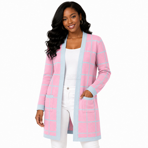 Cosh International - Cárdigan Largo de Punto Acrílico para Mujer, Diseño a Cuadros Rosa, Abierto por Delante, Casual, Manga Larga, con Bolsillos - Product Image 1
