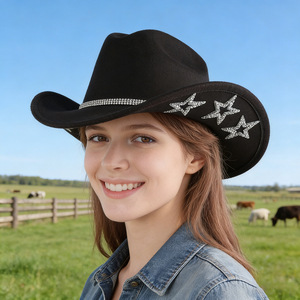 Chapeau de cowboy noir avec broderie d'étoiles scintillantes, style punk pour femmes, fête, printemps, été, 56-58 cm - Product Image 4