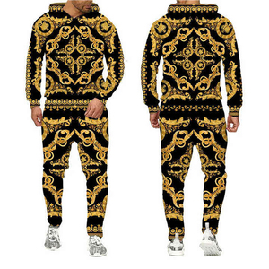 Mens Luxury Gold Baroque Print Pullover Hoodie and <b>Jogger</b> Pants <b>Matching</b> Tracksuit <b>Set</b> - Product Image 2