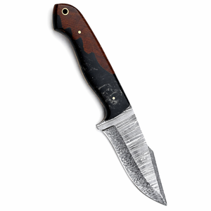 Couteau de chasse artisanal OEM à lame droite en acier Damas avec manche en bois et résine, étui en cuir - Product Image 1