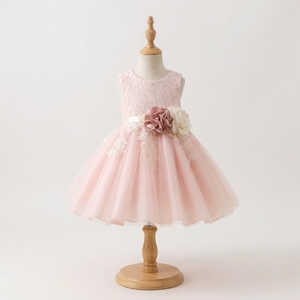 Cherished Custom <b>Flower</b> Girl Dress Blush Pink Lace Tulle Sleeveless Knee-Length Girls Princess Dress 3D Floral Waist Wedding - Product Image 1