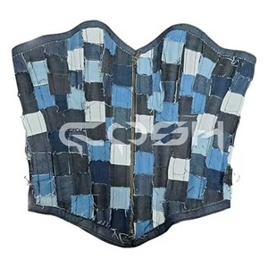 Corset en jean patchwork en gros |   Top bustier en jean sans bretelles - Product Image 1