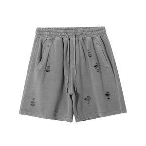 Shorts décontractés gris déchirés en coton pour hommes, taille mi-haute, longueur courte, en tissu tricoté respirant - Product Image 1