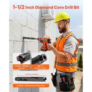 Punta diamantata per carotaggio a secco da 1 1/2 pollici di diametro, profondità di foratura 9 1/2 pollici, punte interne da 5/8 11 per muratura e cemento - Product Image 2