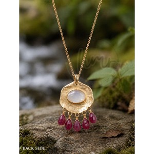 Handmade Gold Plated Brass <b>Necklace</b> with White Rainbow Moonstone Center & Ruby Quartz Drop Pendant Boho <b>Statement</b> Jewelry - Product Image 3
