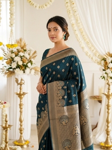 AARA Fashion <b>Green</b> <b>Silk</b> Saree Gold Border Traditional Wedding Wear for Women India Pakistan Style Floor Length Regular Fit Sun - Product Image 2