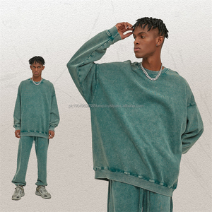 Personalizado Vintage 100% algodón 420GSM Puff sudadera hombres lavado ácido Anti-retráctil cuello redondo bolsillo liso teñido XL pulóver sólido - Product Image 1