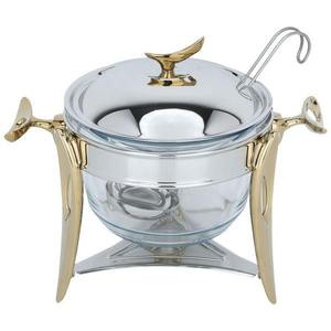 Luxury Round Glass Chafing Dish Gold Accent <b>Stand</b> Stainless Steel Soup Warmer Clear Food <b>Pan</b> Buffet Server Single Unit - Product Image 2