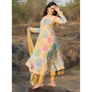 DESIGNER ORGANZA TRAVAIL À LA MAIN IMPRIMÉ ROBE BAS AVEC DUPATTA JAUNE - Product Image 1