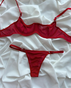 Blood Red Solid Sexy Lingerie <b>Set</b> Women Convertible <b>Triangle</b> Cup <b>Bikini</b> Low-Rise Wire-Free Seamless Breathable Eco-Friendly - Product Image 1
