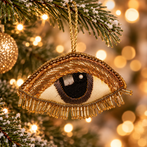Beaded Eye Ornament Gold Textile Christmas Tree Decoration Luxury Festive Hanging Decor - Product Image 1
