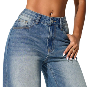 Jean en denim de coton délavé taille haute pour femme, coupe ample, jambe large, longueur intégrale, respirant, hiver, 340g, tendance mode - Product Image 3