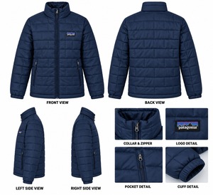 Manteau d'hiver matelassé 100 % duvet bleu marine pour homme, col montant, fermeture éclair sur le devant, logo, vêtement d'extérieur décontracté, coupe classique - Product Image 1