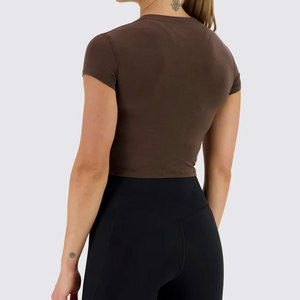 T-shirt court à col ras du cou pour femme, rembourré, compressif, en jersey, coupe ajustée, 100 % coton côtelé, haute élasticité, séchage rapide, idéal pour l'été - Product Image 6