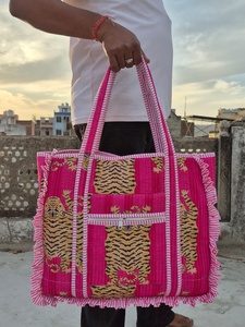 Customized Quilted Cotton Vintage Floral Quilted Large Ruffle Tote <b>Bag</b> Handprinted <b>Boho</b> Shopping <b>Bag</b> for Women - Product Image 5