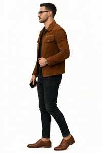 ONETEN <b>Men</b> Brown <b>Suede</b> <b>Jacket</b> Turn Down Collar Button Front Chest Pockets Casual Autumn Coat - Product Image 4