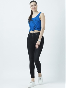 Débardeur tricoté bleu pour femme, col rond, sans manches, décontracté, respirant, couleur unie, imprimé devant, tenue de sport - Product Image 2