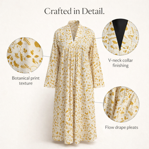 Vestido Largo Informal para Mujer, Estampado Floral Hecho a Mano, Cuello en V, Bolsillos Laterales, Estilo Kali, Vestido de Algodón con Vuelo - Product Image 2