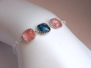 Coral Bracelet Navy Blue Bracelet Glass Peach Montana Sterling Silver Wedding Bridal Bridesmaids Jewelry - Product Image 4