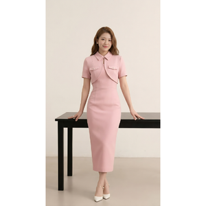 Robe midi de bureau formelle pour femmes, rose clair, avec veste courte, fabriquée en usine au Vietnam, marque privée OEM - Product Image 4