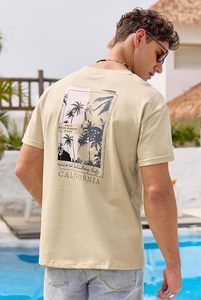 Camiseta de Manga Corta Beige para Hombre con Estampado de Palmeras, Diseño Gráfico de California, Cuello Redondo Informal, Corte Regular, Jersey de Algodón Transpirable - Product Image 3