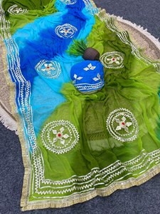 Chiffon <b>Saree</b> Gold Embroidery Lehariya Patta Dyeing Quick Dry for Women Wedding Wear Indian Pakistani Traditional Floor-Length - Product Image 5