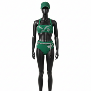 ชุดบิกินี่ผู้หญิงสีเขียวมรกต ผ้าไนลอนผสมสแปนเด็กซ์แบบริบ พรีเมียม GSM พร้อมโลโก้คริสตัลแบบรีดร้อน - Product Image 6