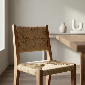 Chaise de comptoir en bois tressé à la main, dossier solide, design scandinave moderne pour bar à domicile, îlot de cuisine, salon, meubles - Product Image 5