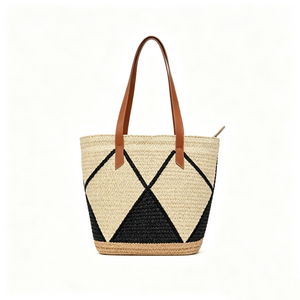 Customized Geometric diamond line woven straw tote <b>bag</b>, contrast graphic straw <b>basket</b> shopper, trapezoid woven tote - Product Image 6