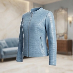 Blouson Moto Femme en Cuir PU Gaufré Crocodile Bleu, Col Montant, Manches Longues, Longueur Standard, Fermeture Éclair, Automne - Product Image 3