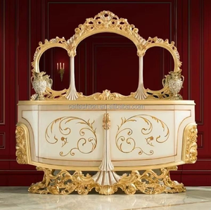 Elegant metallic gold carved wooden dresser <b>table</b> with matching sculpted top mirror, available at wholesale prices. - Product Image 4