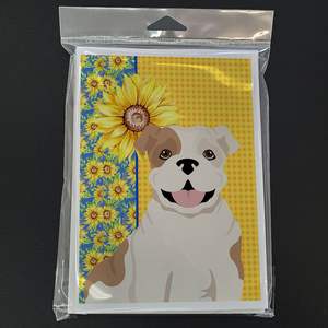 Whimsical Summer Sunflowers Piebald English Bulldog Tarjetas de felicitación Pack 8 Tarjetas de nota en blanco A7 Tamaño 5x7 con sobres - Product Image 3