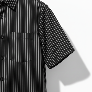 Camisa Casual Premium para Hombre, Negra, de Verano, Elegante, con Rayas Blancas Bordadas, Transpirable, de Manga Corta, Mezcla de Algodón y Jersey - Product Image 2
