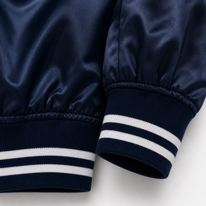 Navy Satin Varsity Jacket Men Embroidered Logo Front Preppy Style Autumn Regular Fit Turn-down Collar - Product Image 4