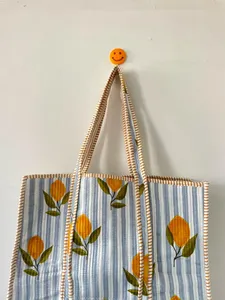 Bolsa de Mano de Algodón a Rayas Azul Cielo Premium con Estampado de Limones, Estilo Bohemio, Casual de Verano, Bolsa de Compras Abierta para Mujer - Product Image 5
