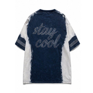 Custom Men Navy Blue <b>White</b> Color Block Acid Wash <b>T</b>-<b>Shirt</b> Cartoon <b>Kid</b> Rhinestone Graphic Oversized Drop Shoulder Heavyweight - Product Image 3